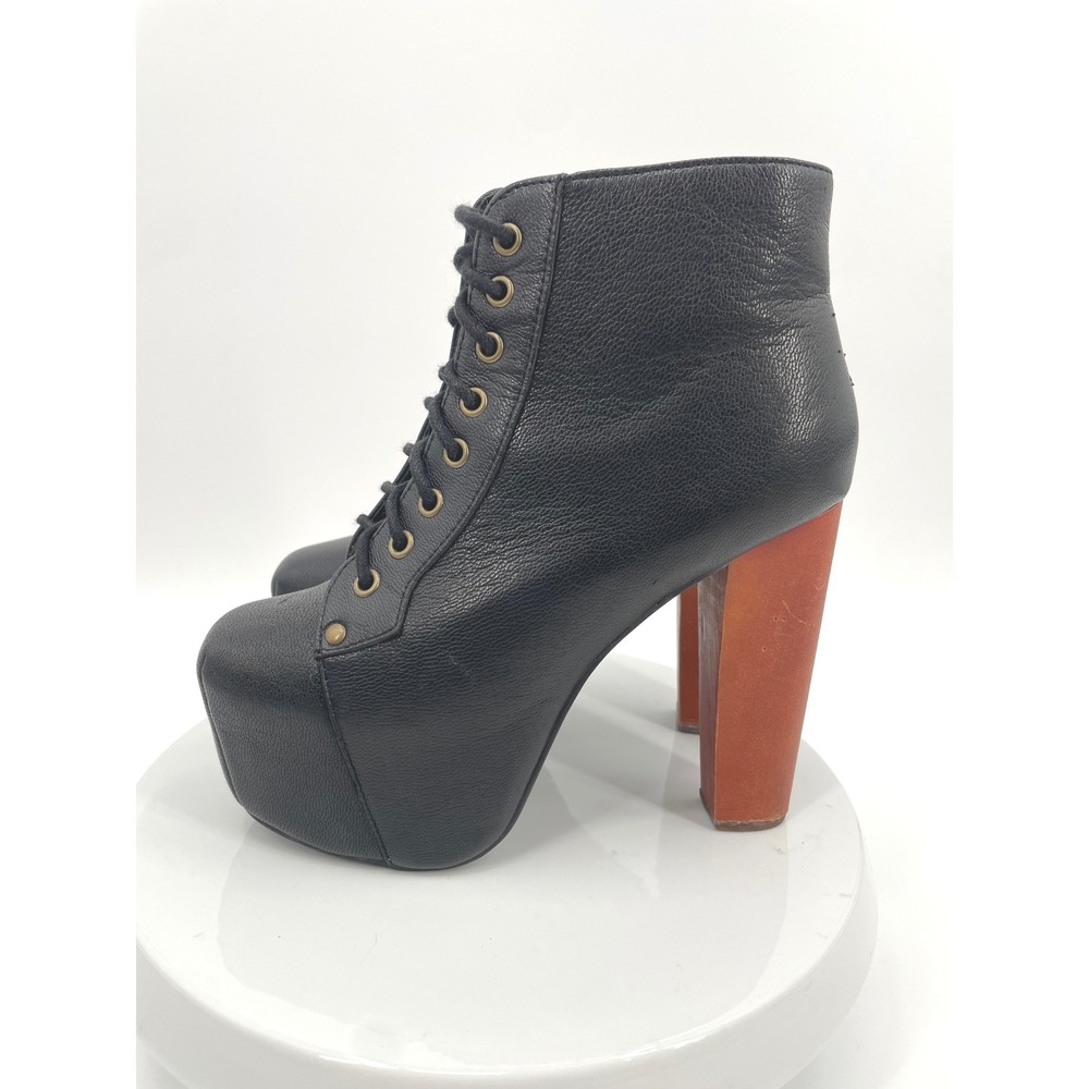 Jeffrey Campbell Lita Boots Womens 7.5 Black Leather Wood Platform Heel Y2K Boho